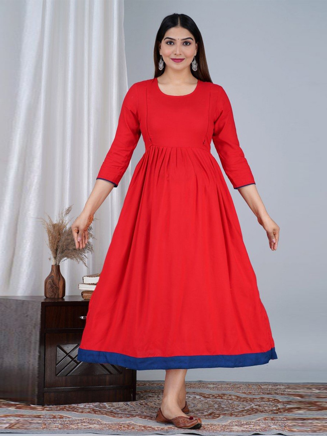 

TANISHA Maternity Fit and Flare Mini Ethnic Dresses, Red