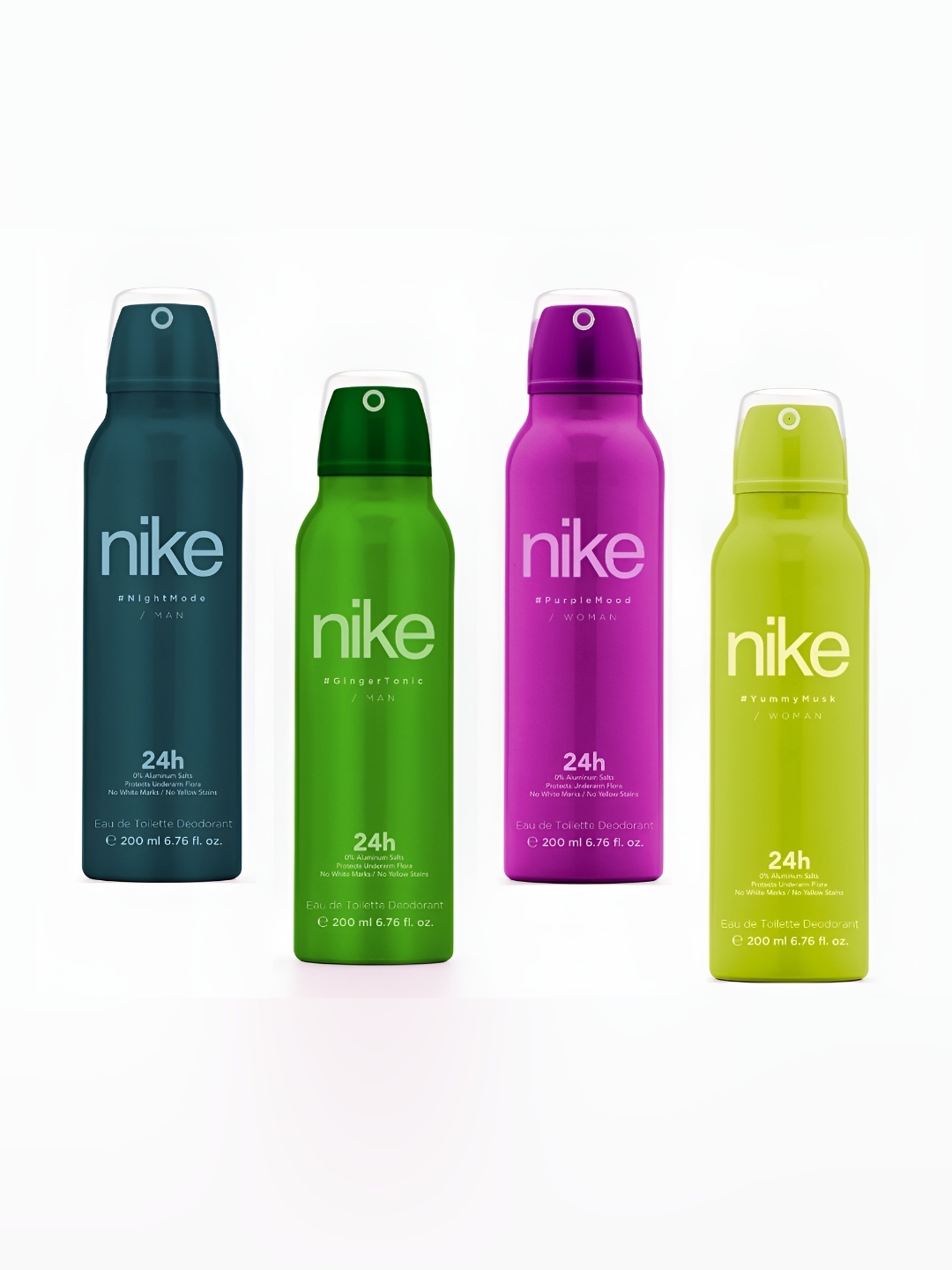 

Nike 4 Pcs GingerTonic, NightMode, PurpleMood & YummyMusk Eau De Toilette Deo - 200ml Each, Multi