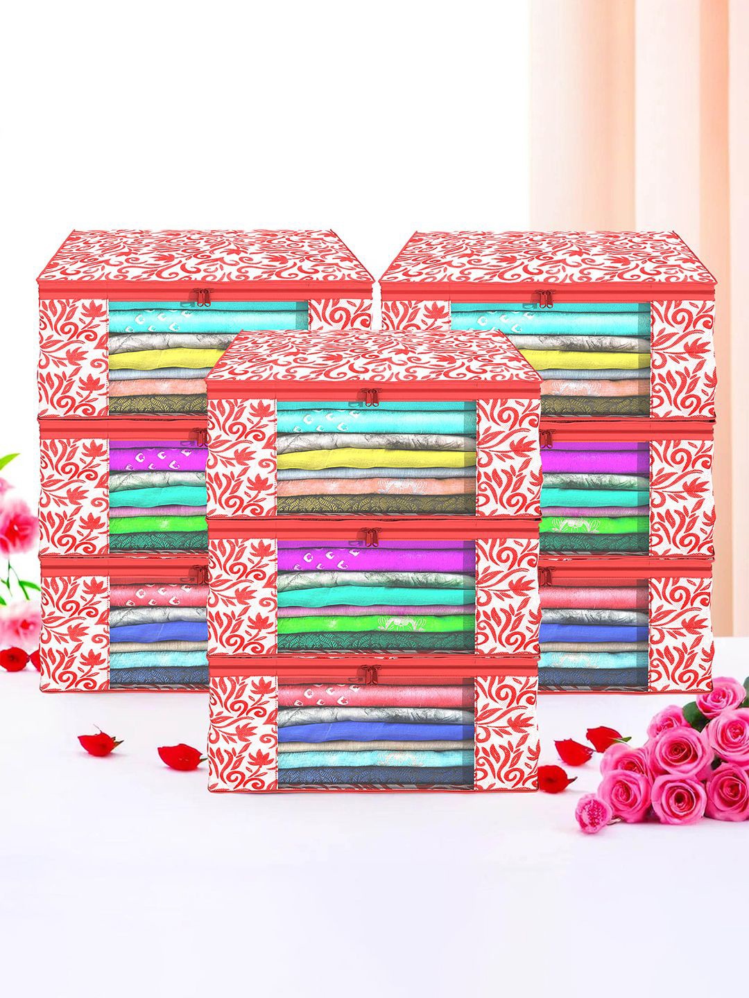 

Kuber Industries Red 9 Pieces Floral Printed Foldable Drawer Organisers