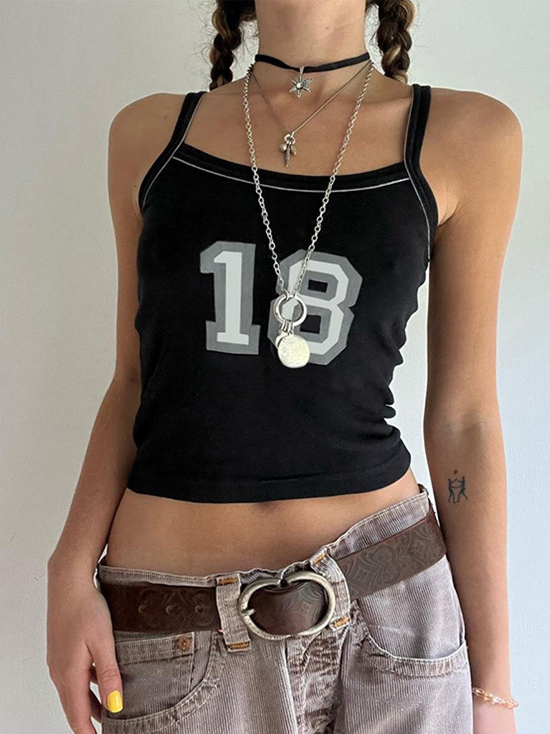 

LULU & SKY Women Typography Printed Shoulder Straps Top, Black