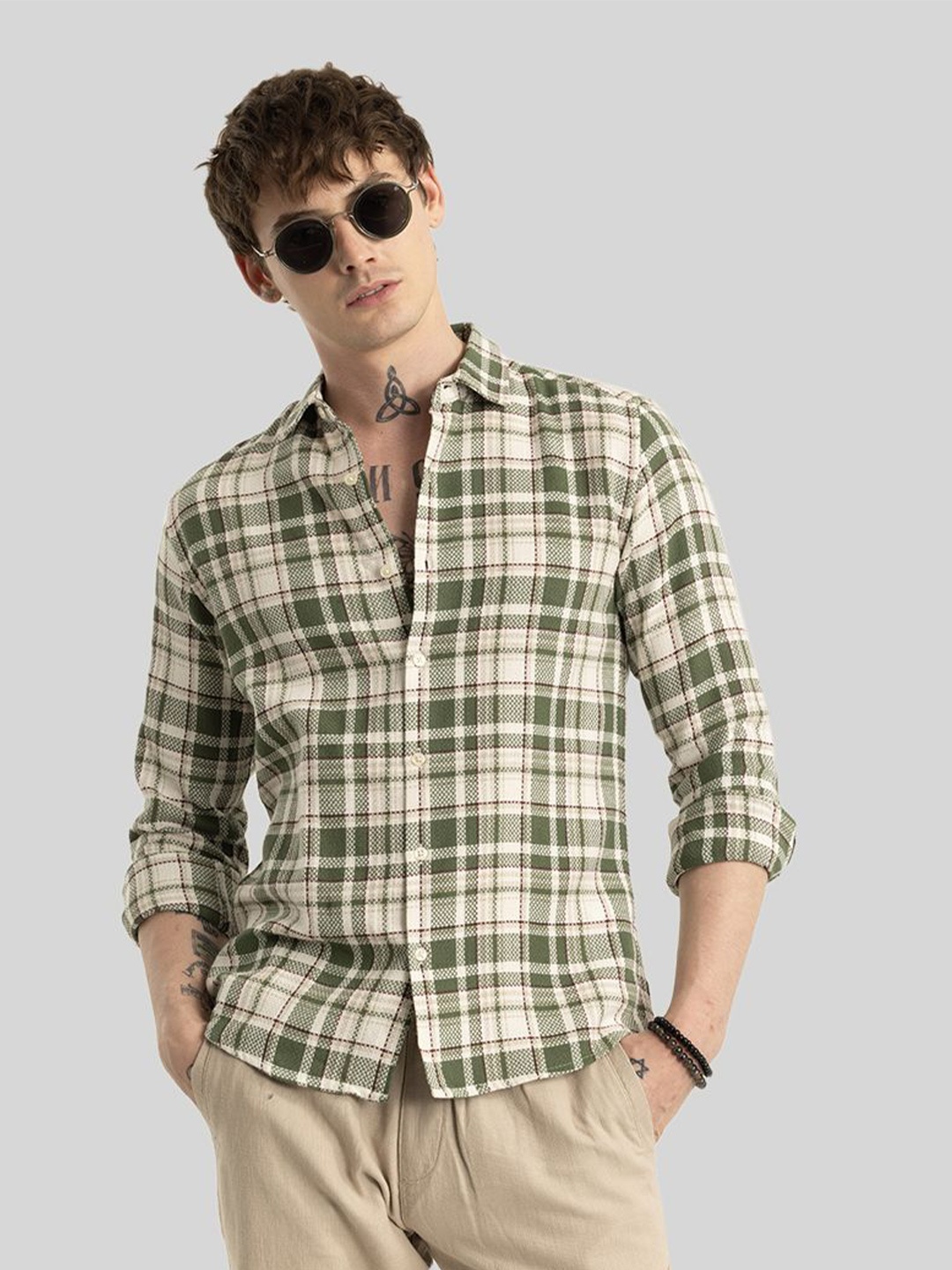 

Snitch Men Smart Slim Fit Tartan Checks Opaque Checked Casual Shirt, Olive