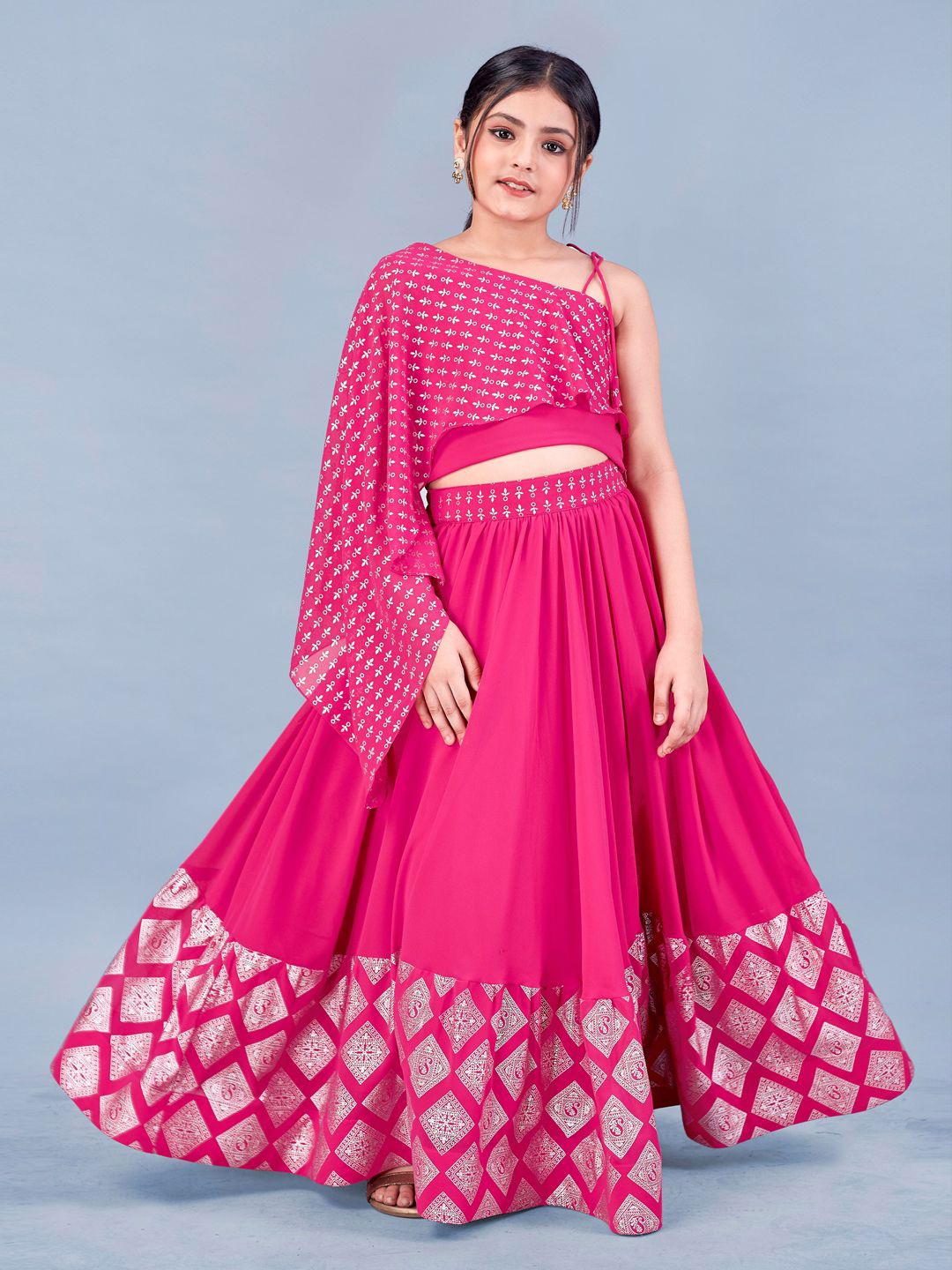 

BAESD Girls Printed One Shoulder Georgette Ready to Wear Lehenga & Choli, Pink