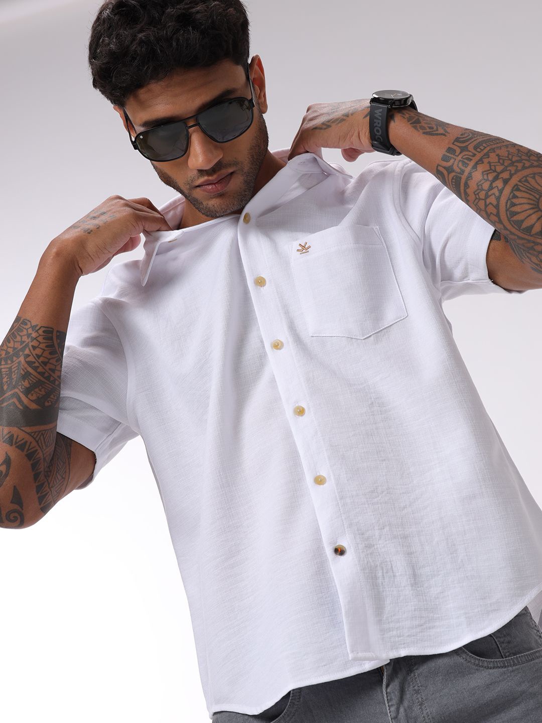 

WROGN Men Custom Spread Collar Solid Casual Shirt, White