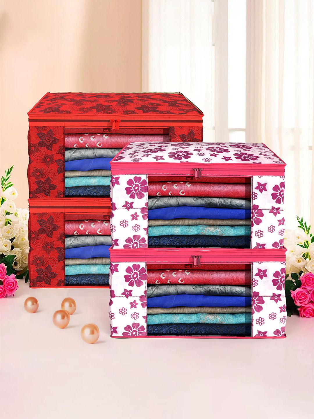 

Kuber Industries Red & White 4 Pieces Printed Drawer Organisers