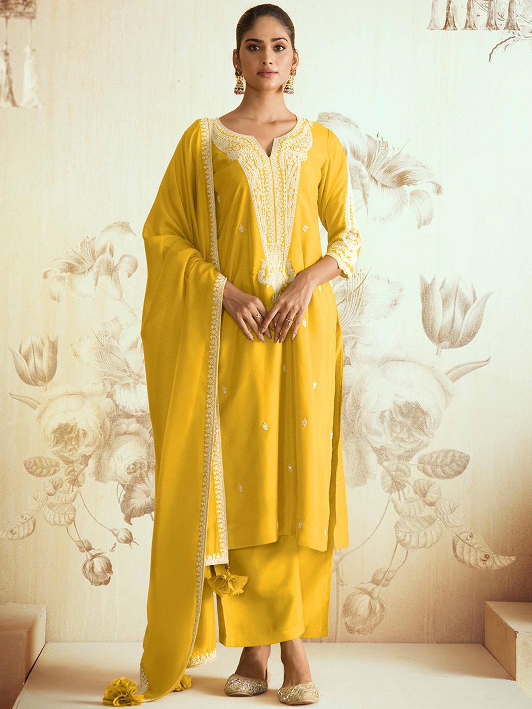 

Shaily Yoke Design Ethnic Motifs Thread Work Kurta with Palazzos & Dupatta, Yellow