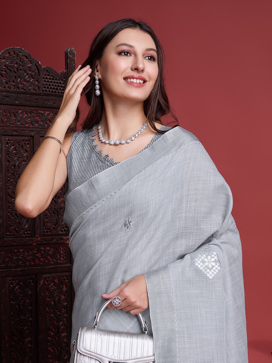 

Mitera Embellished Embroidered Saree, Grey