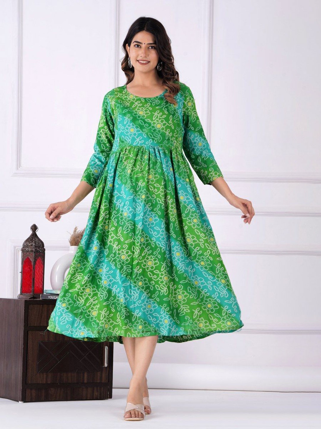 

TANISHA Floral Printed Maternity A-Line Midi Ethnic Dresses, Green