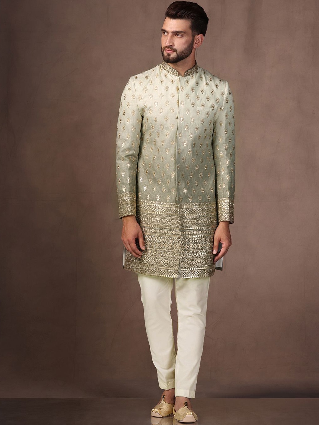 

KISAH Men Embroidered Indowestern Sherwani Set, Green