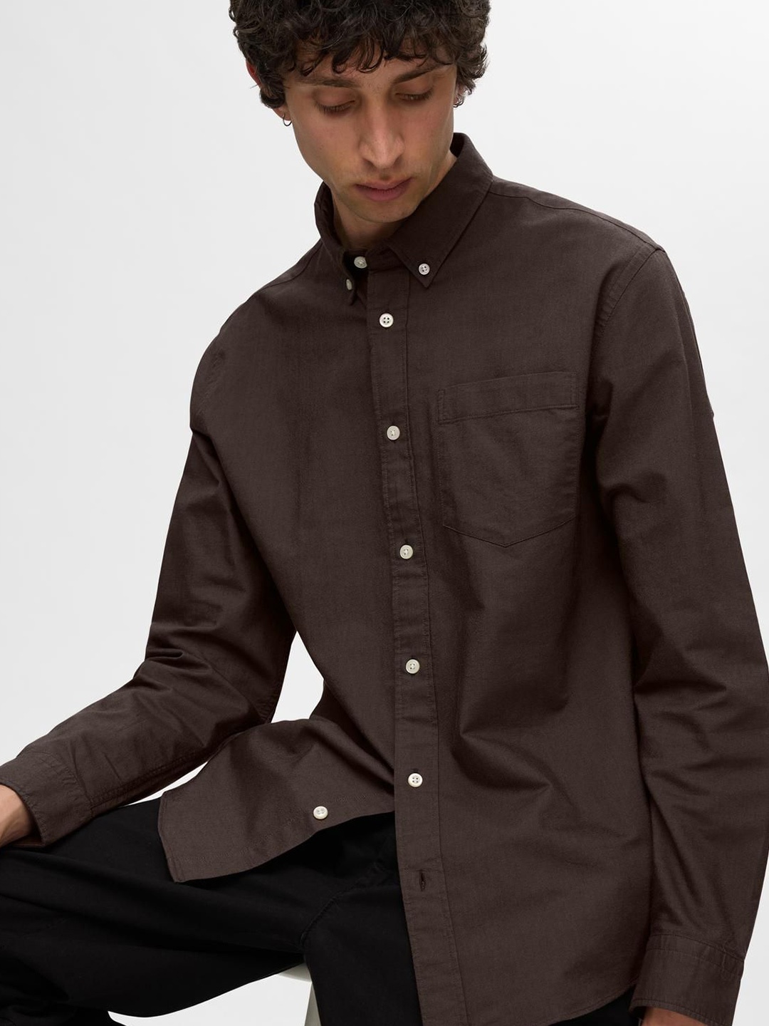 

SELECTED Men Button-Down Collar Solid Cotton Casual Shirt, Brown