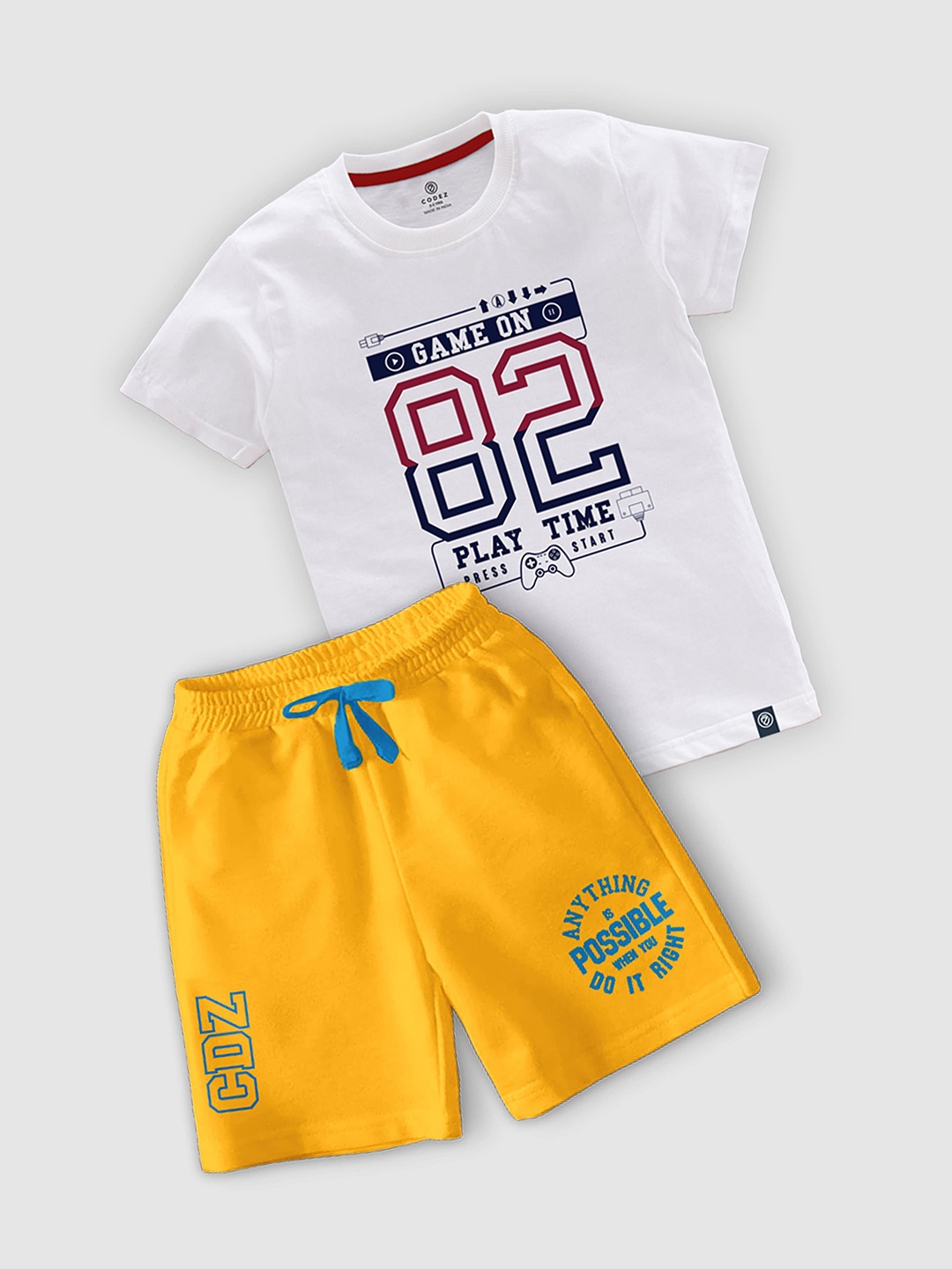 

CODEZ Boys Printed Round Neck T-shirt With Shorts, White