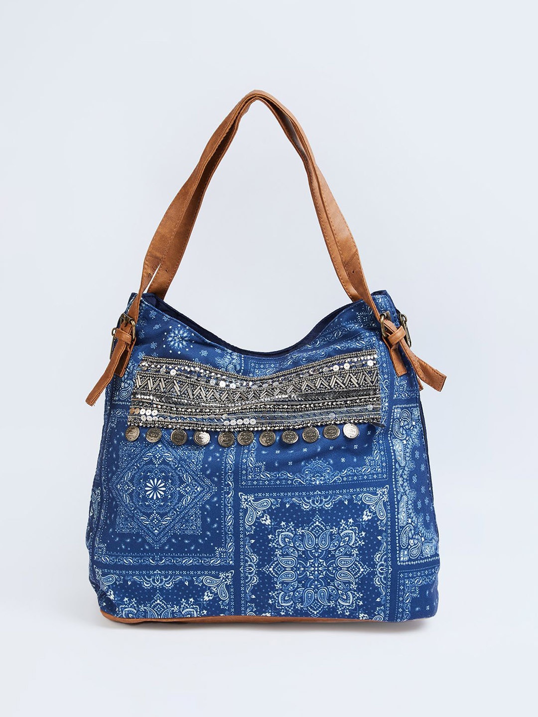 

max Printed Structured Handheld Bag with Cut Work, Blue