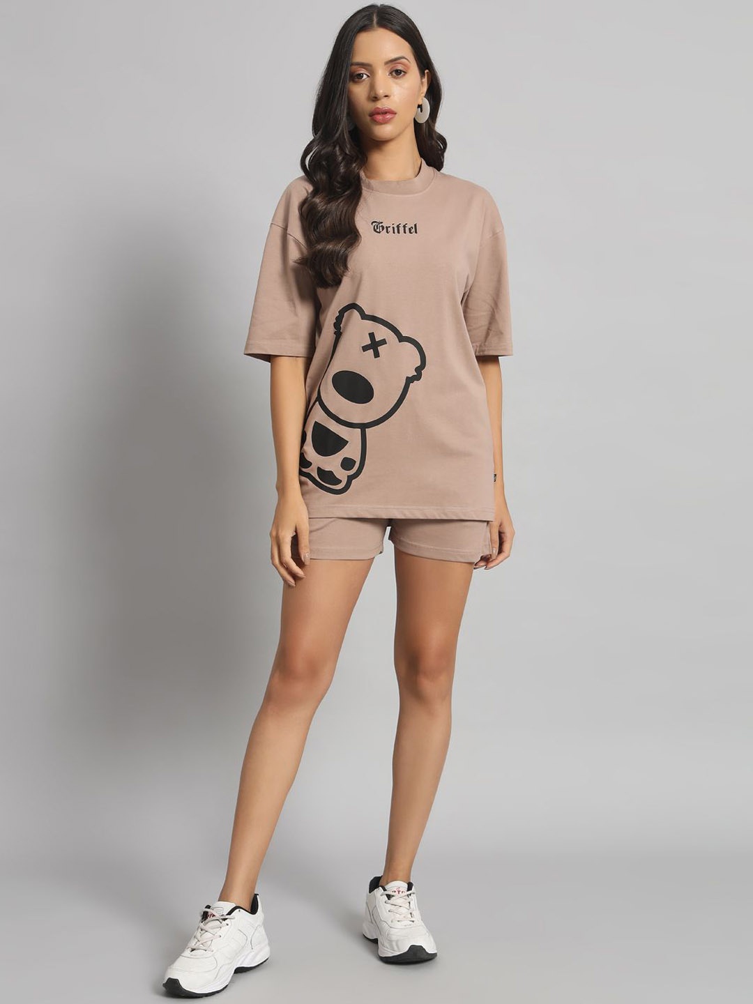 

GRIFFEL Printed Pure Cotton Oversized T-Shirt & Shorts Co-Ords, Camel brown