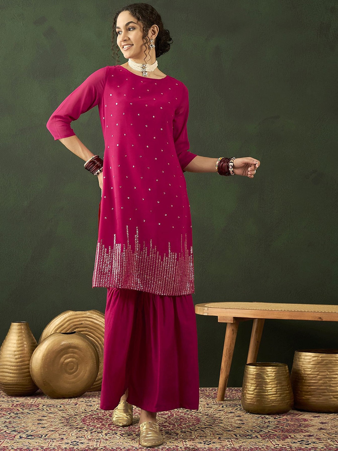 

Sangria Embroidered Straight Kurta With Sharara, Pink