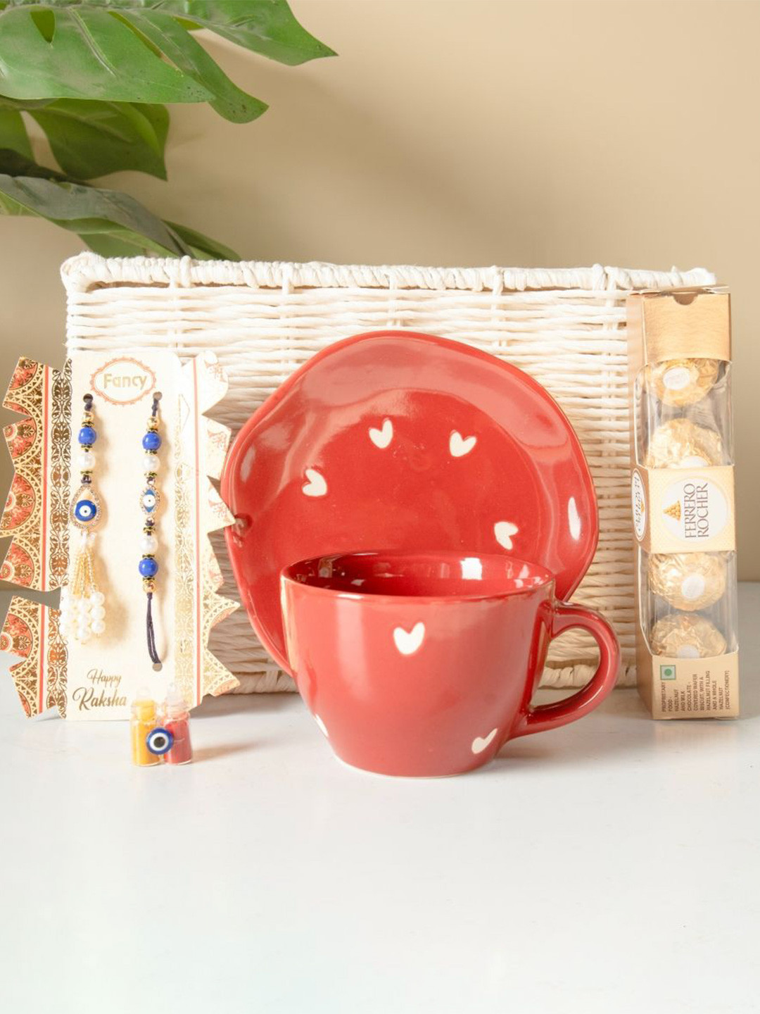 

ArteCasa Set Of 2 Rakhi With Cup & Plate With Ferrero Rocher Chocolate, Red