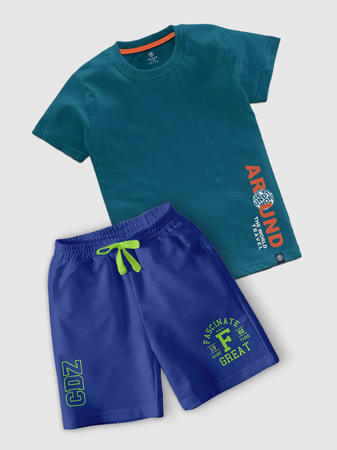 

CODEZ Boys Printed Round Neck T-shirt with Shorts, Teal