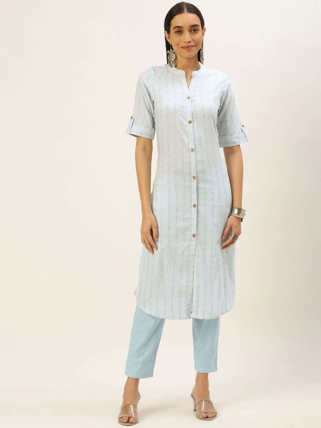 

KALINI Striped Printed Pathani Kurta, Blue