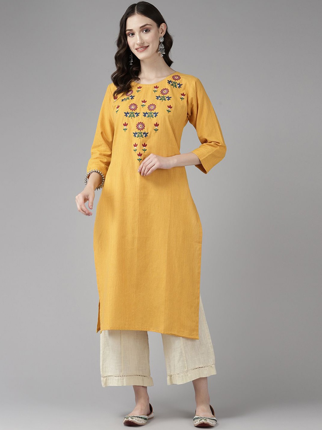 

BAESD Women Geometric Embroidered Flared Sleeves Thread Work Kurta, Yellow