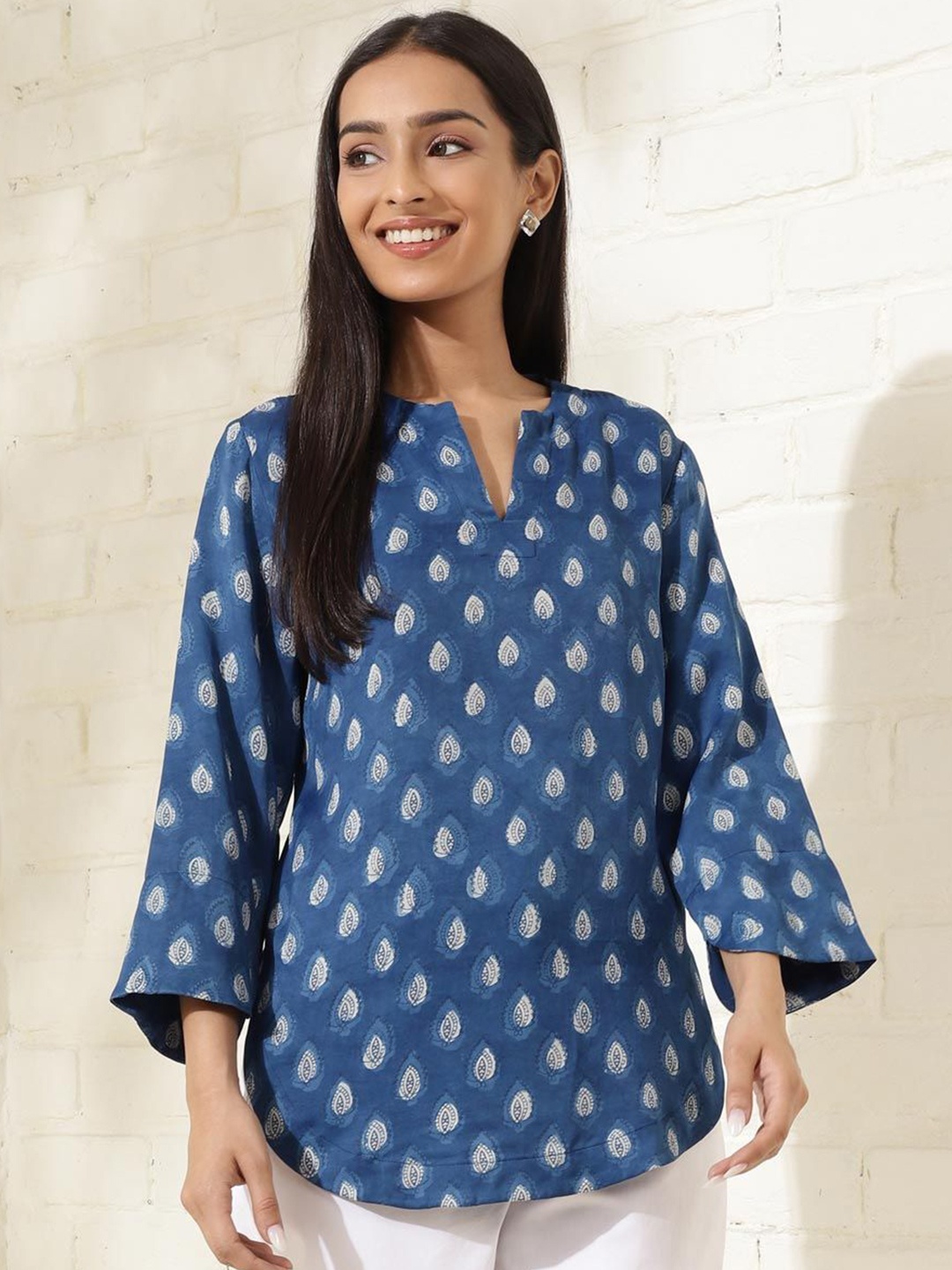 

Fabindia Women Ethnic Printed Round Neck Top, Blue