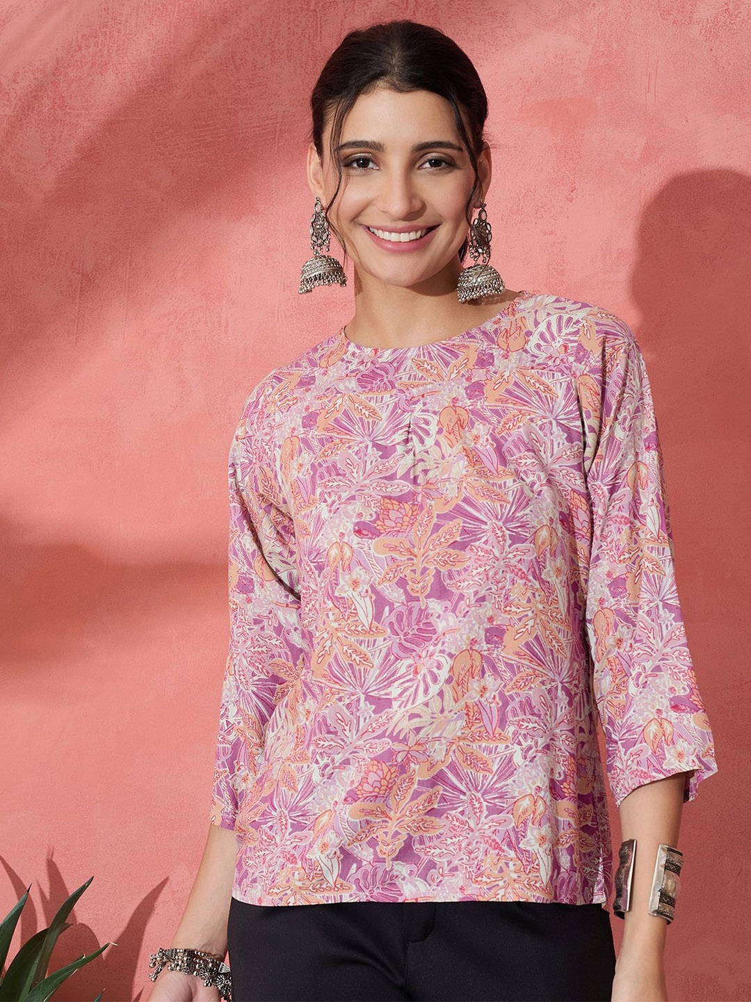 

InWeave Women Floral Printed Round Neck Top, Pink