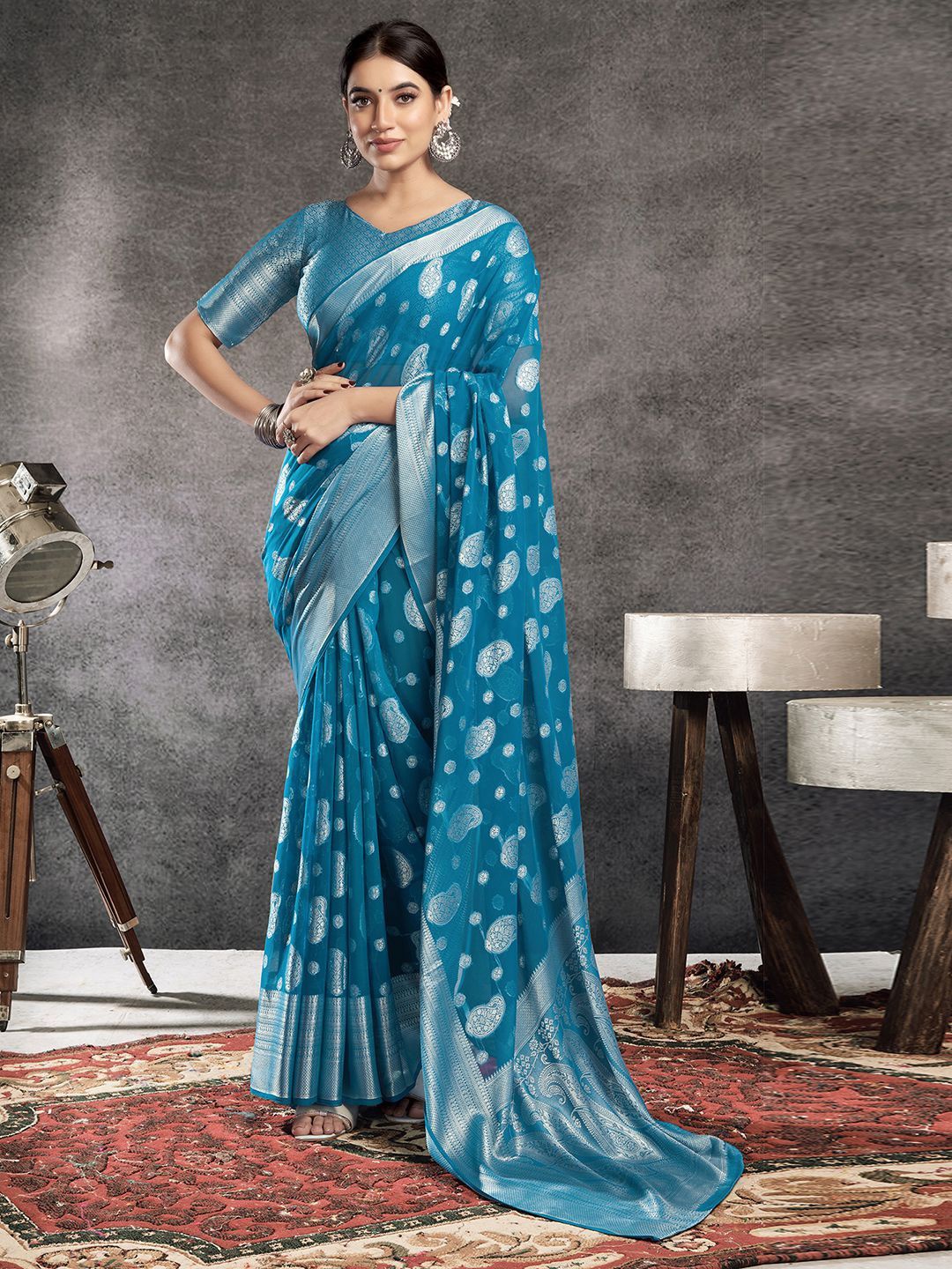 

Satrani Woven Design Zari Pure Georgette Banarasi Saree, Blue