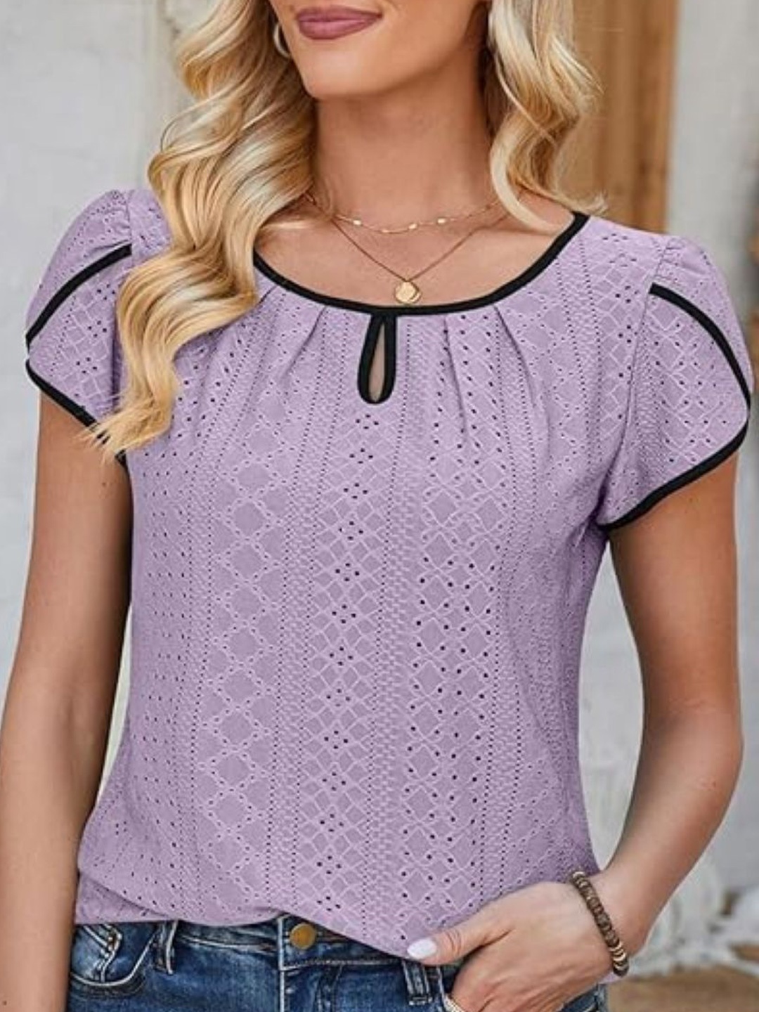 

StyleCast Women Self Design Keyhole Neck Top, Lavender