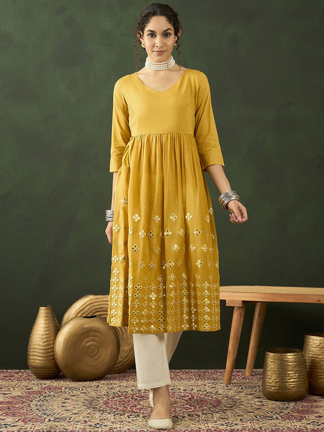 

Sangria Embellished Cotton Anarkali Kurta, Mustard