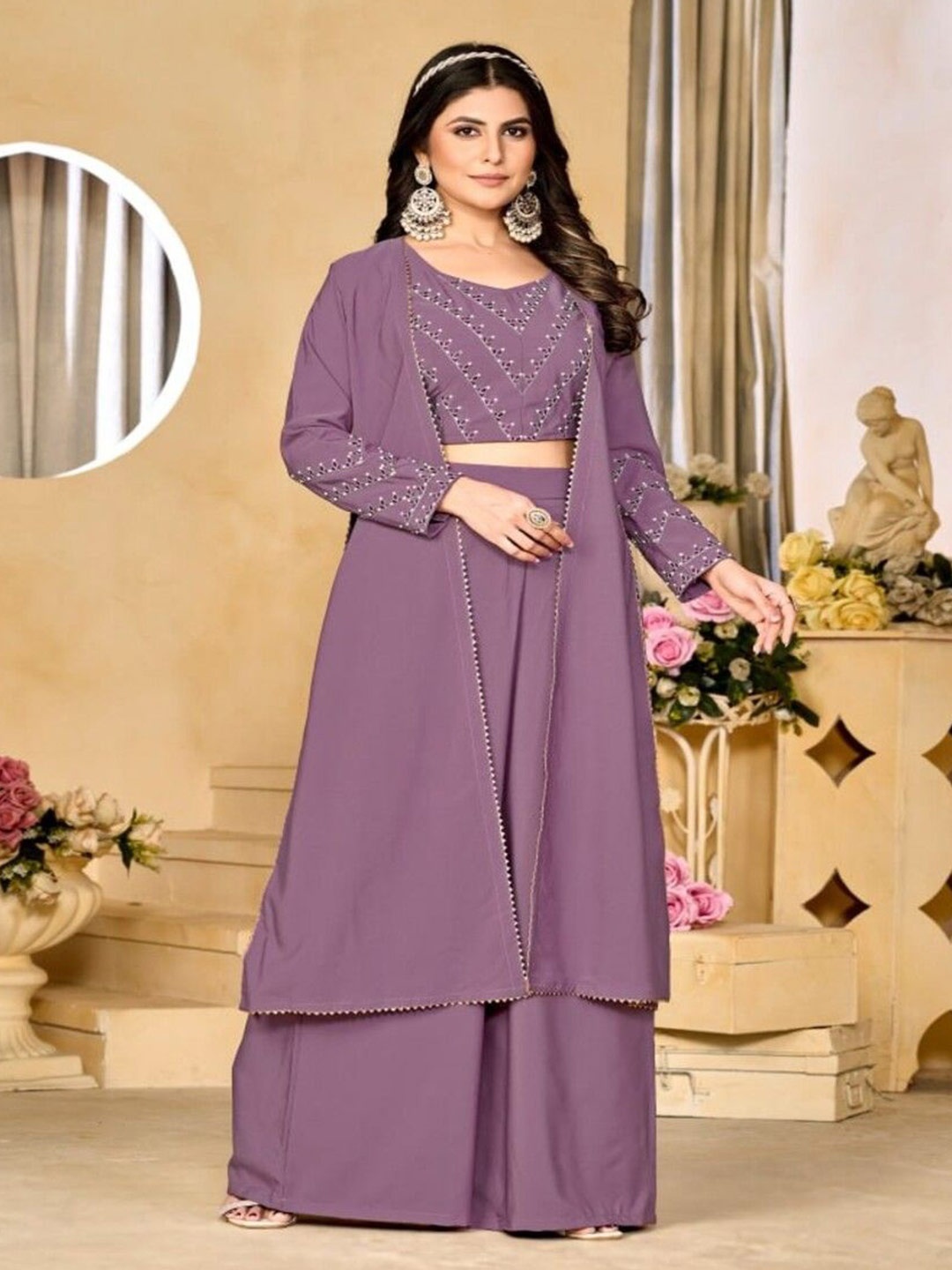 

KALINI Embroidered Top and Palazzos with Shrug, Lavender