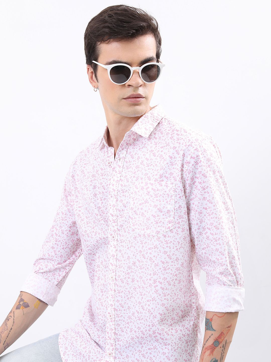 

HIGHLANDER Men Spread Collar Floral Printed Tropical Cotton Slim Fit Casual Shirt, White