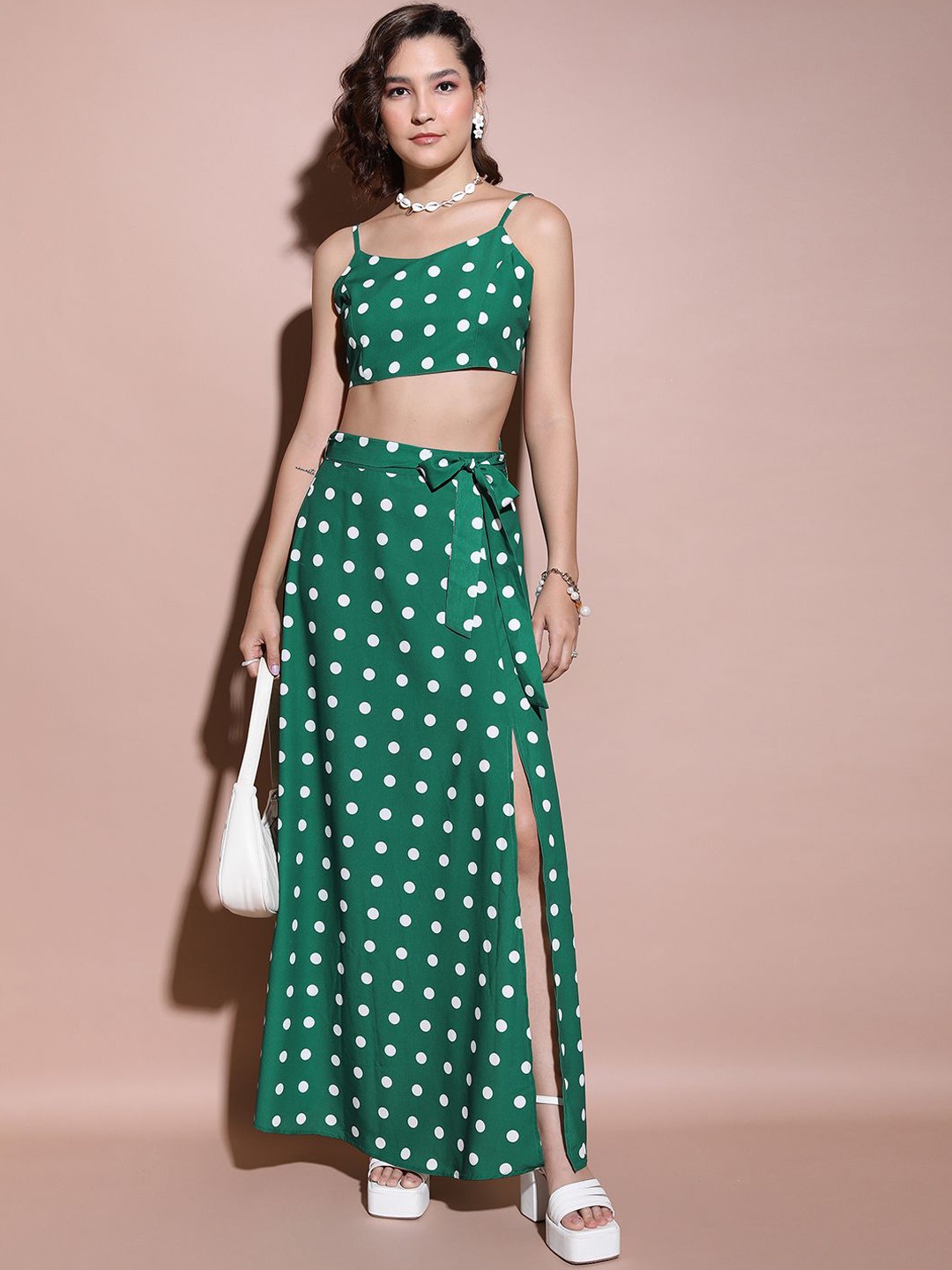 

Tokyo Talkies Printed Crop Top With A-Line Skirt Co-Ords, Green