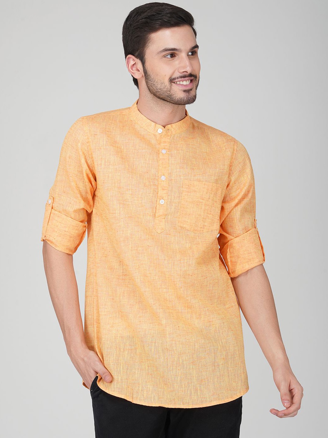 

Vastraa Fusion Men Striped Thread Work Khadi Handloom Kurta, Yellow