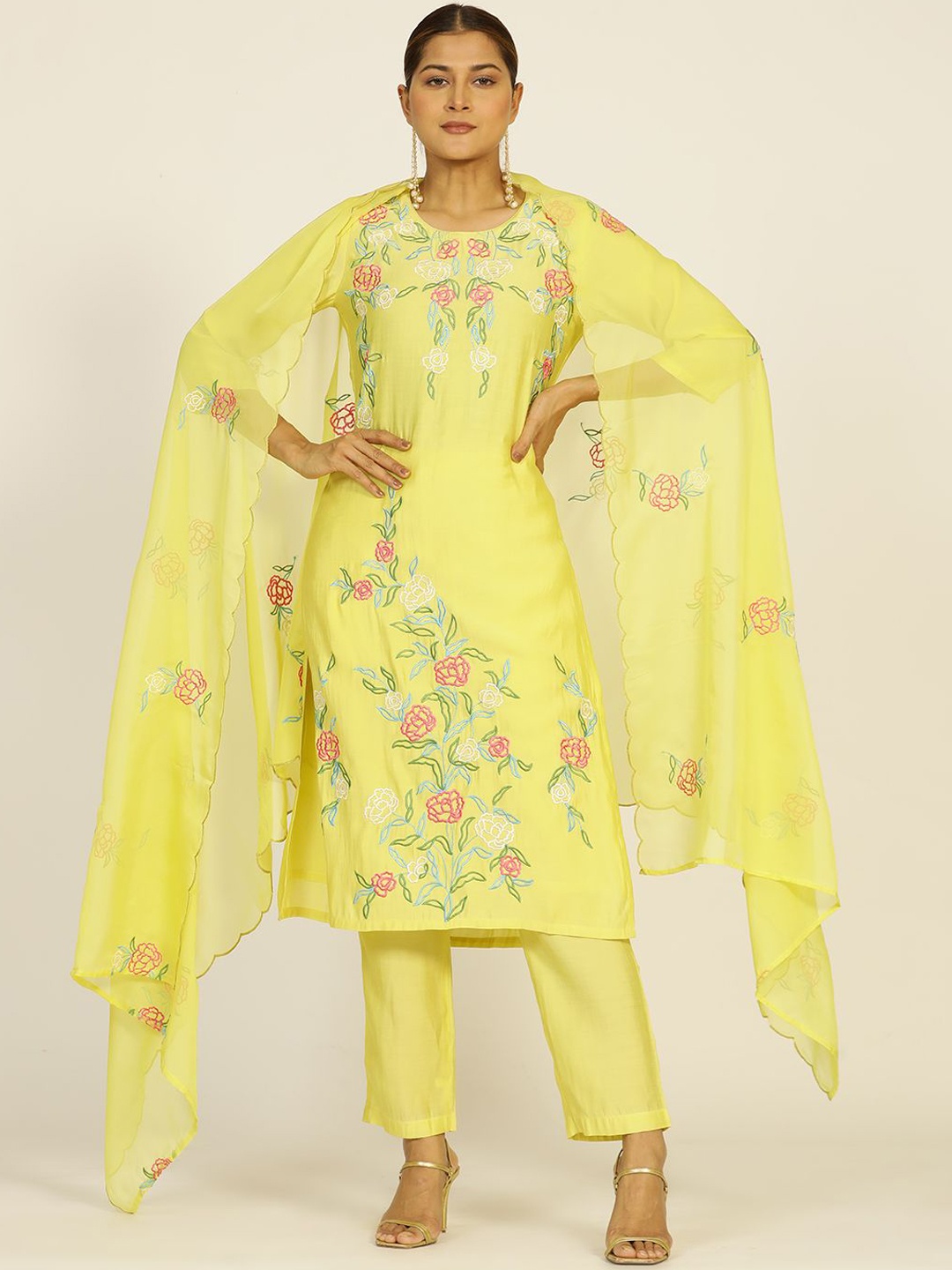 

Jaipur Kurti Resham Embroidered Chanderi Kurta Set, Lime green
