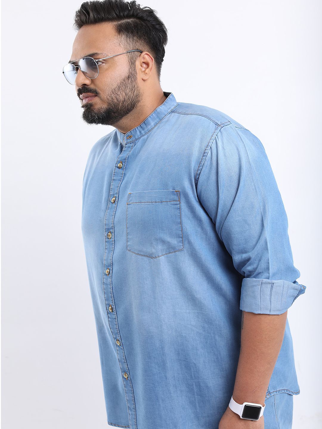 

HIGHLANDER Men Mandarin Collar Solid Cotton Slim Fit Plus Size Casual Shirt, Blue