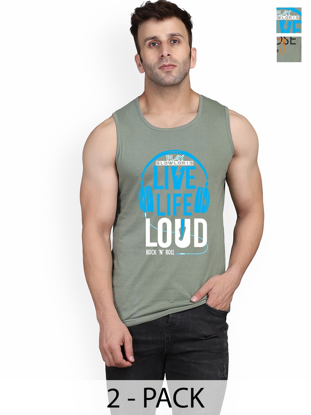 

SLOWLORIS Pack Of 2 Men Printed Gym Vests, Grey