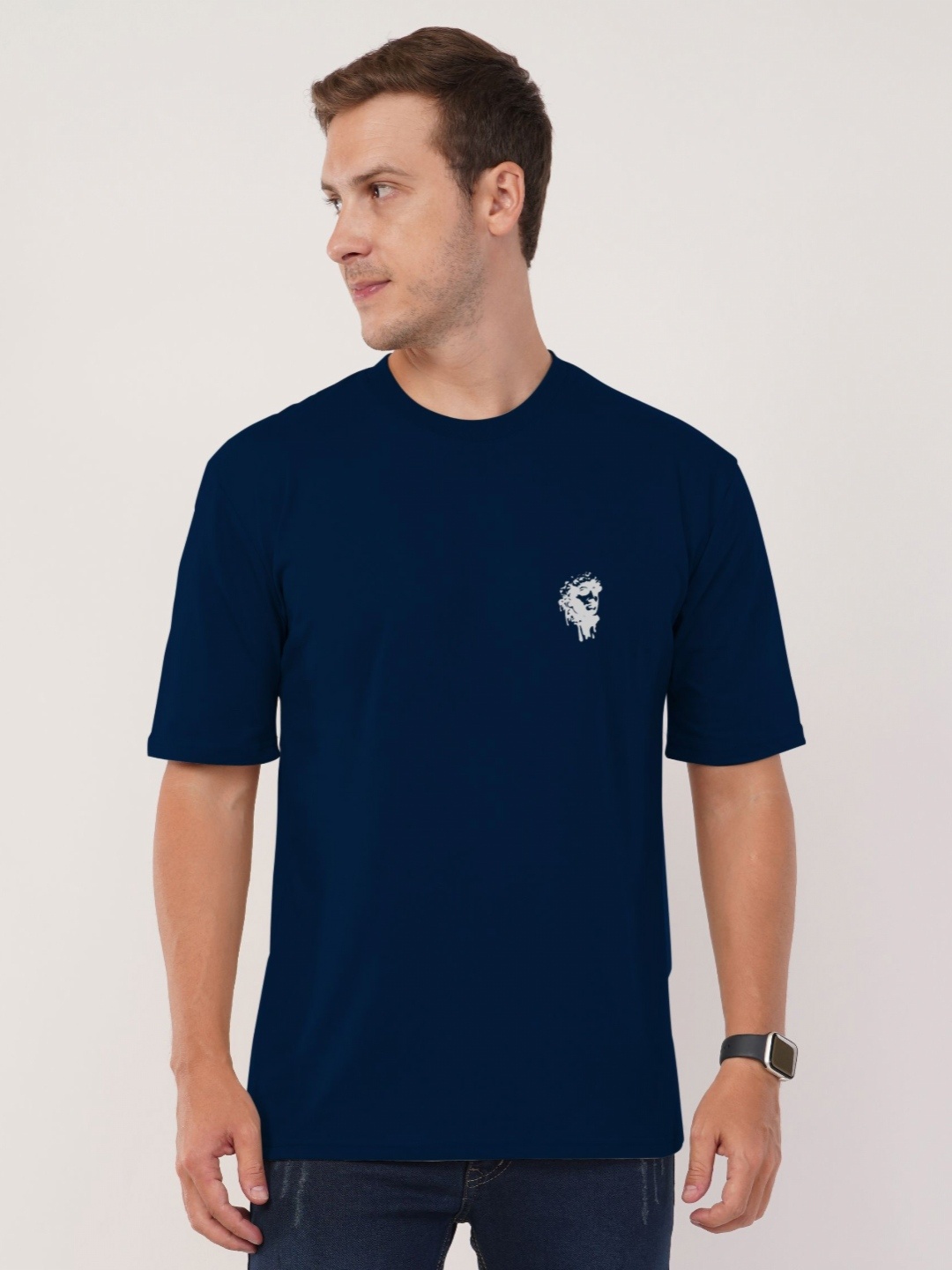 

AUSK Men Typography Printed Applique T-shirt, Navy blue