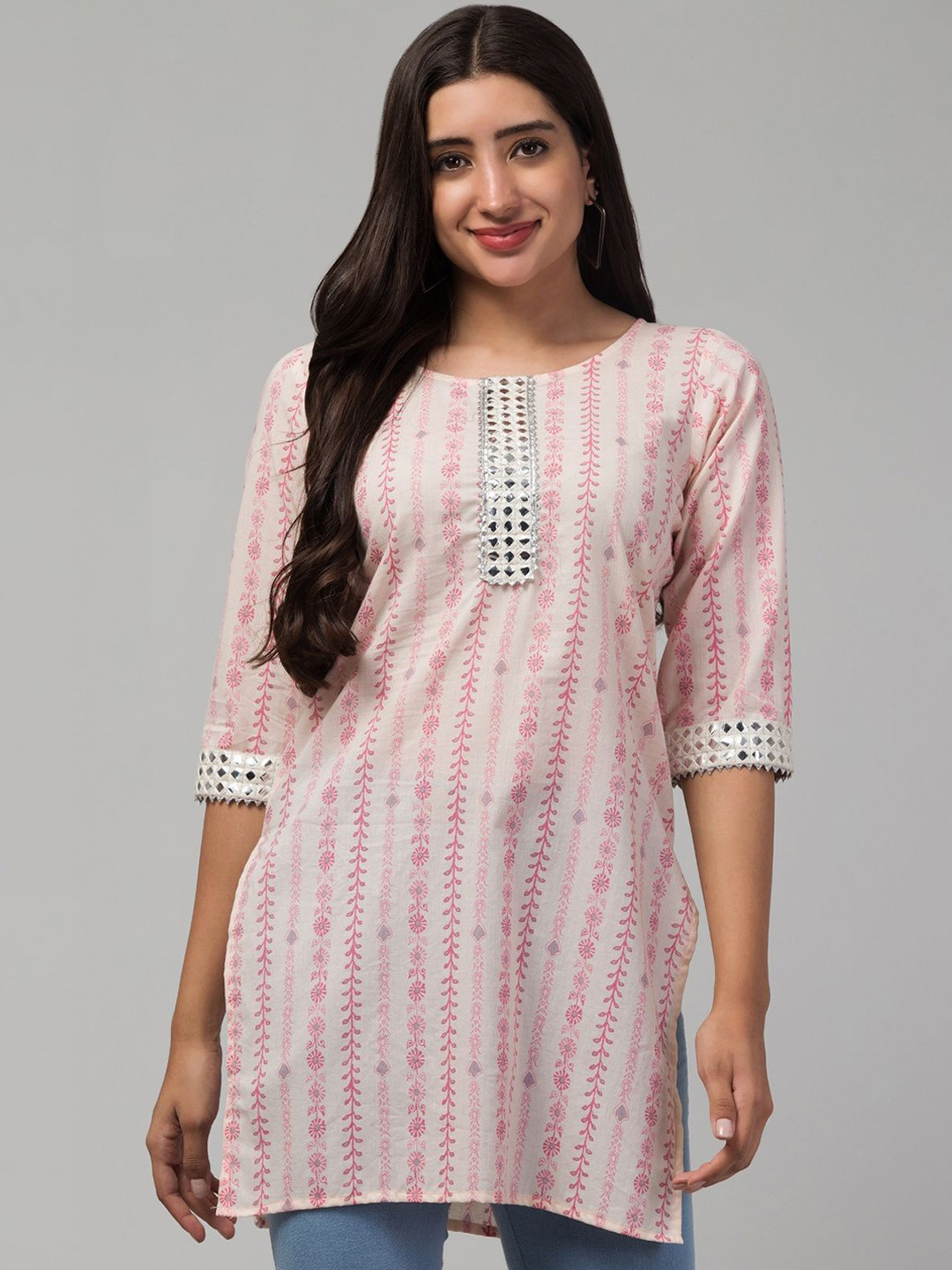 

BESTIC FASHION Women Geometric Dyed Flared Sleeves Floral Organic Cotton Kurta, Pink