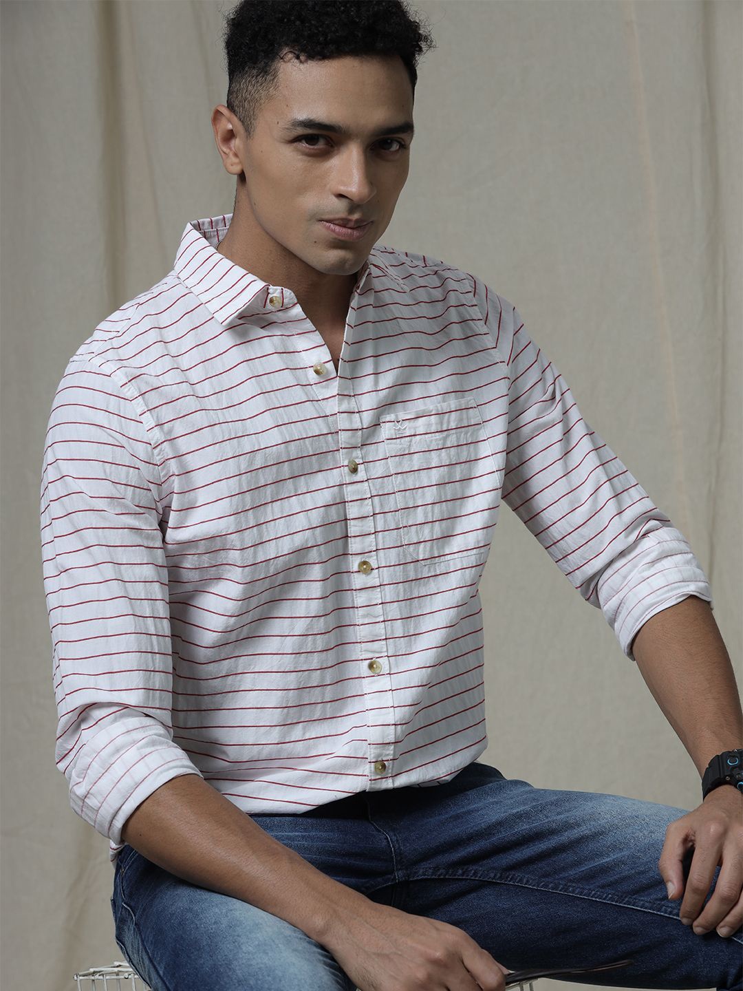 

WROGN Men Custom Spread Collar Striped Cotton Slim Fit Casual Shirt, Pink