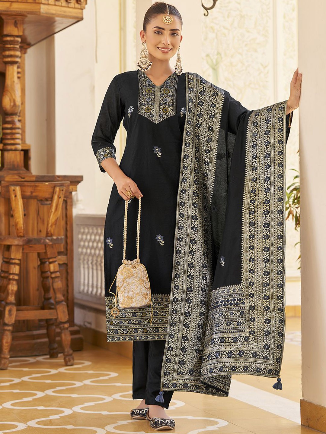

Shaily Floral Woven Design Kurta with Trousers & Dupatta, Black