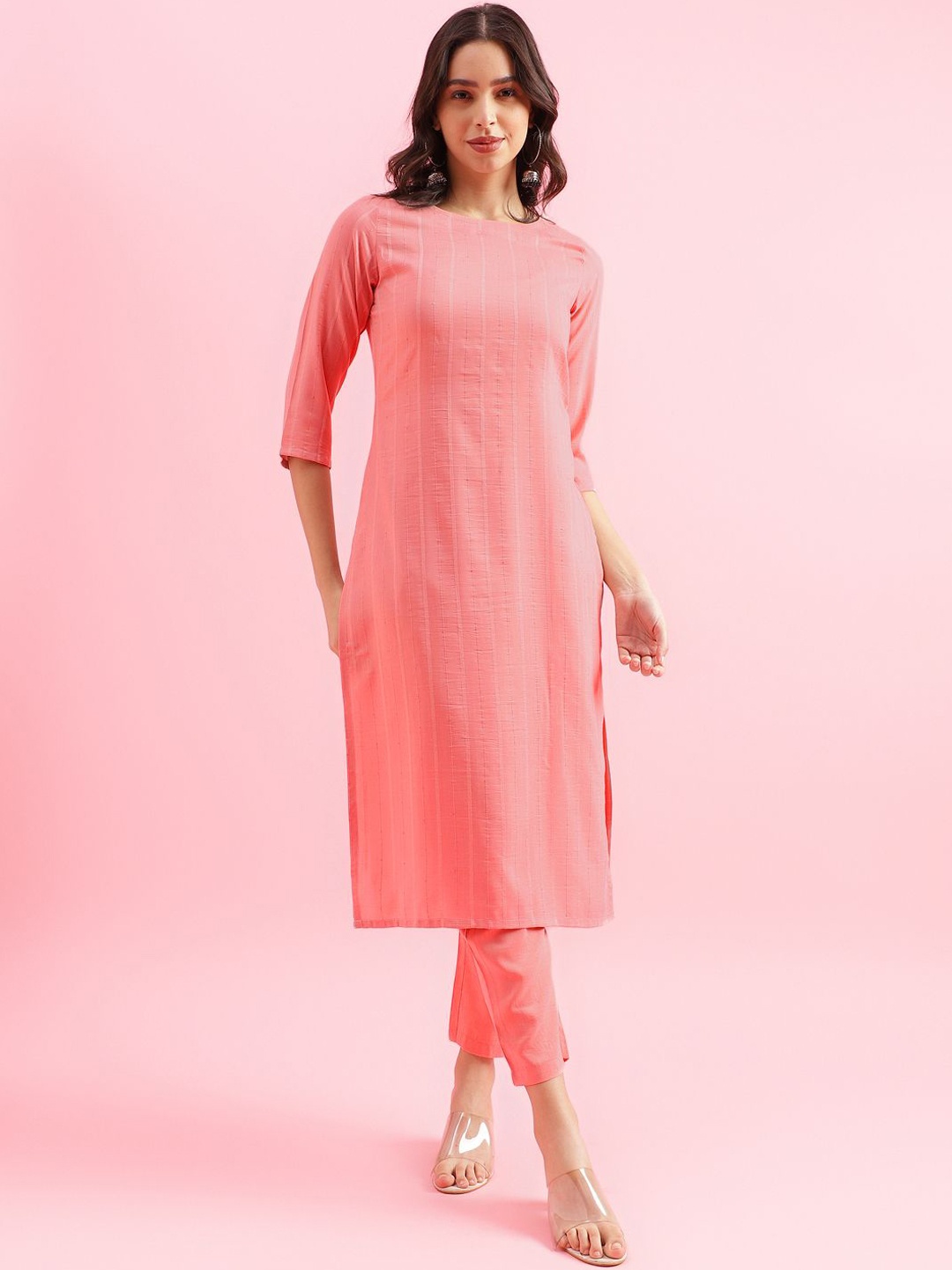 

Shaily Striped Sequinned Dobby Weave Straight Kurta With Trouser, Pink