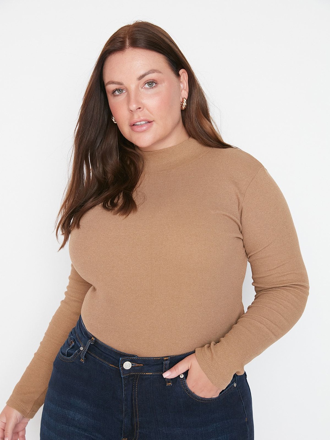 

Trendyol Women Solid High Neck Cotton Top, Na
