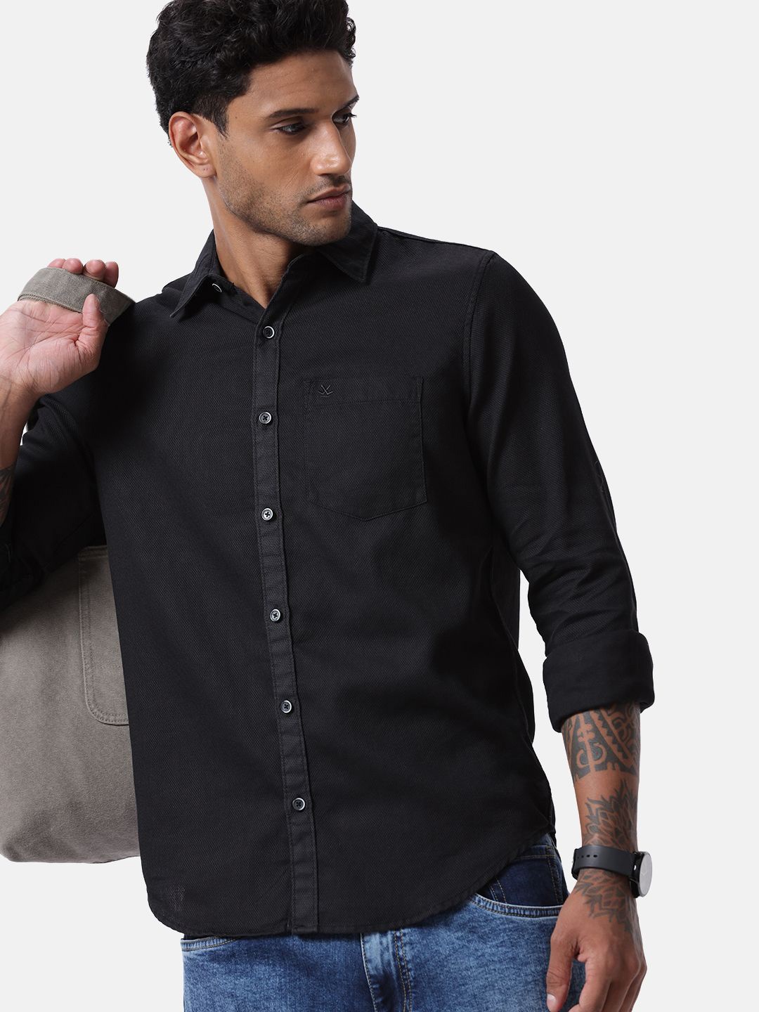 

WROGN Men Custom Spread Collar Solid Cotton Casual Shirt, Black