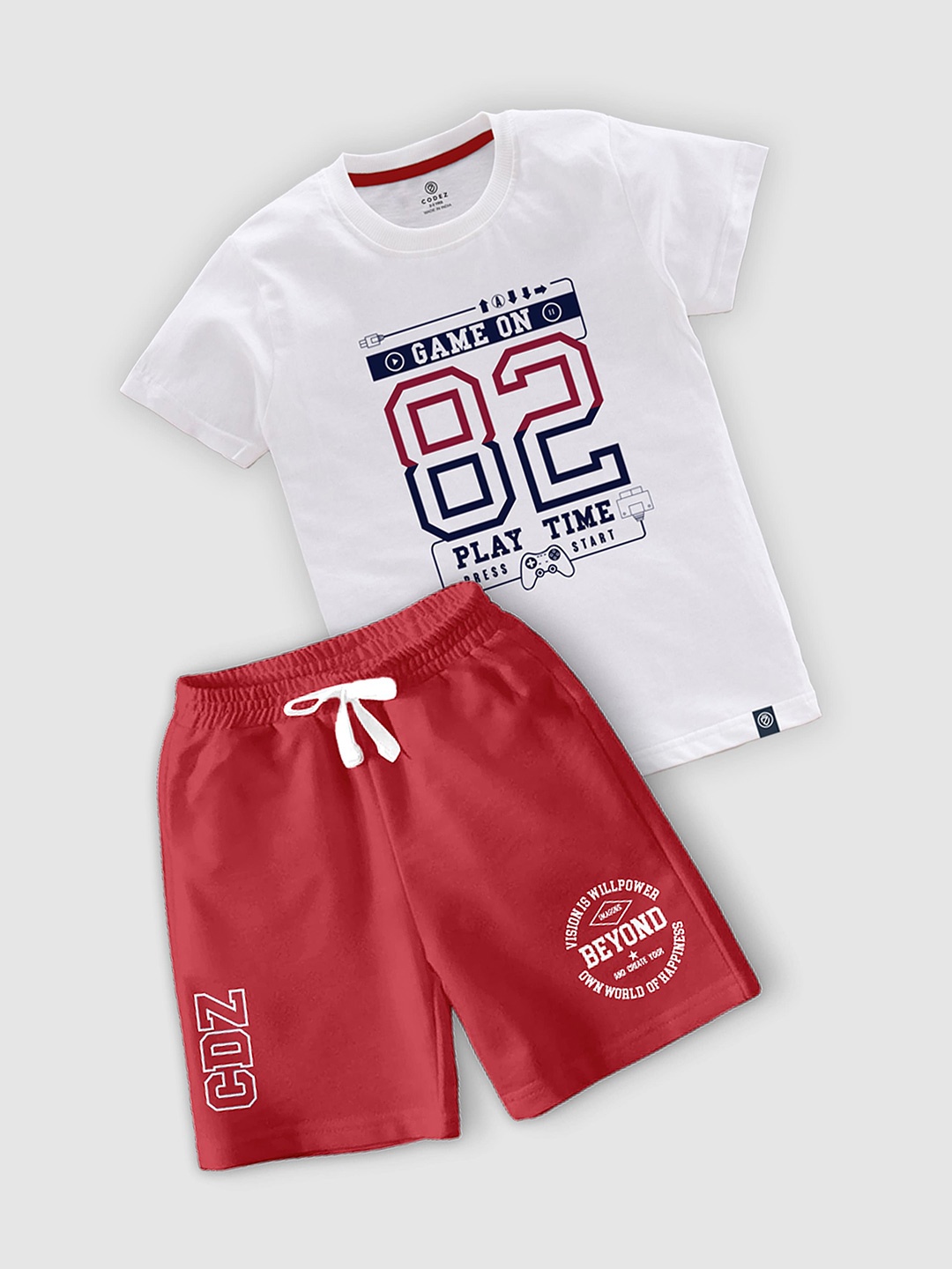 

CODEZ Boys Printed Round Neck T-shirt With Shorts, White