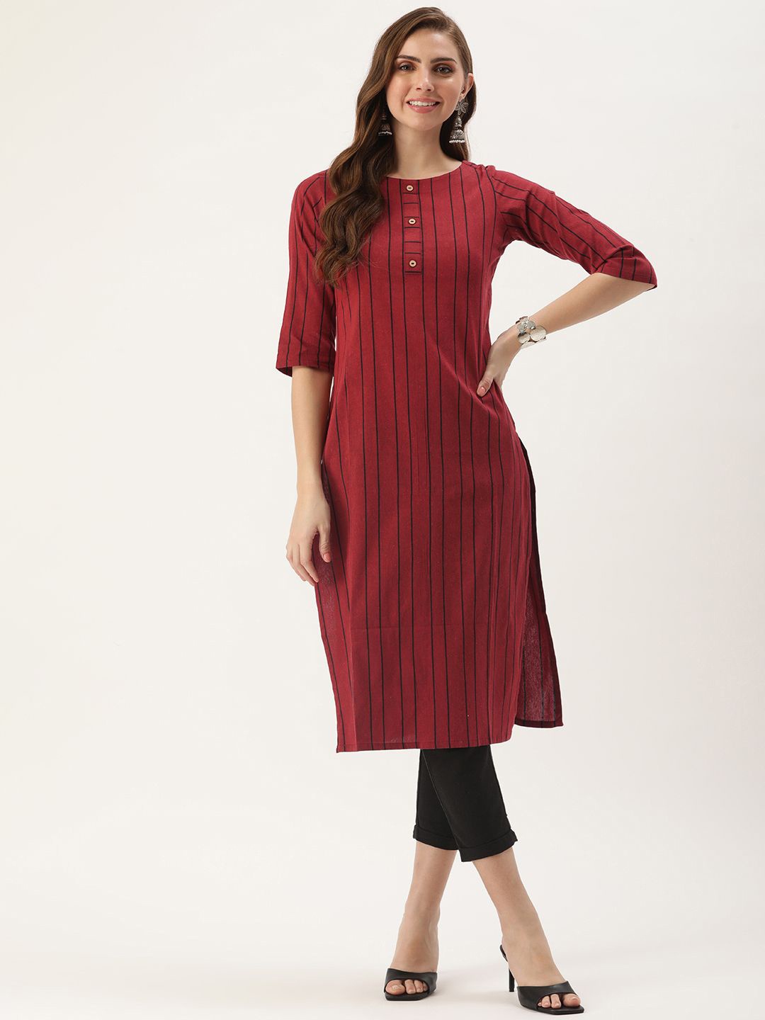 

KALINI Striped Round Neck Straight Kurta, Red