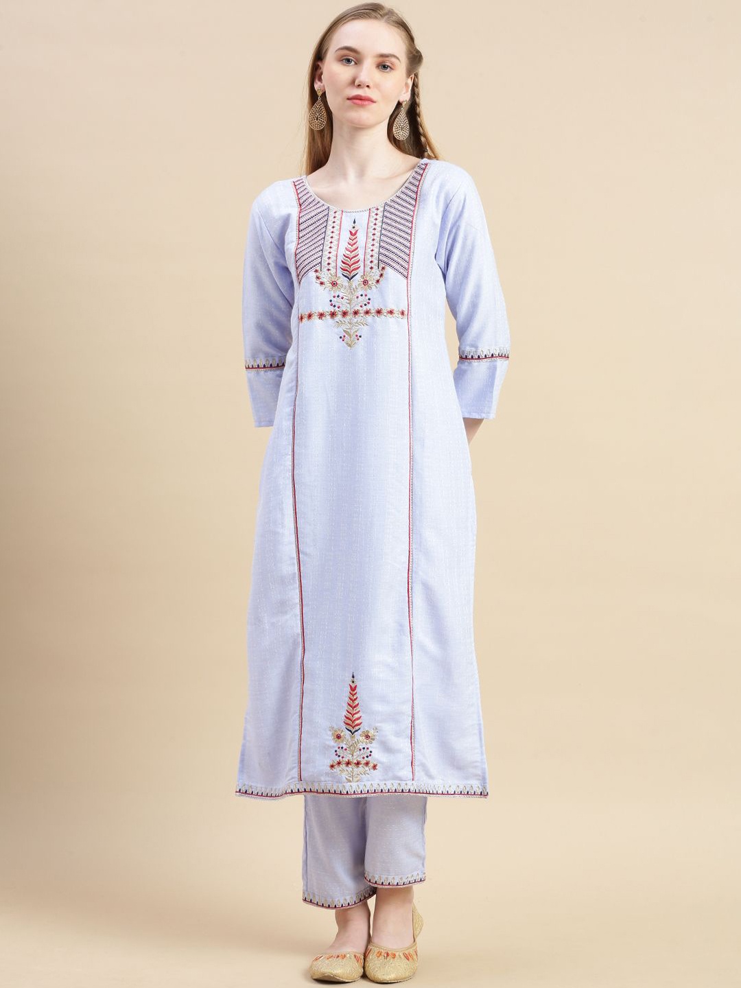 

GRANTH FASHION Women Ethnic Motifs Yoke Design Regular Thread Work Kurti with Churidar, Blue