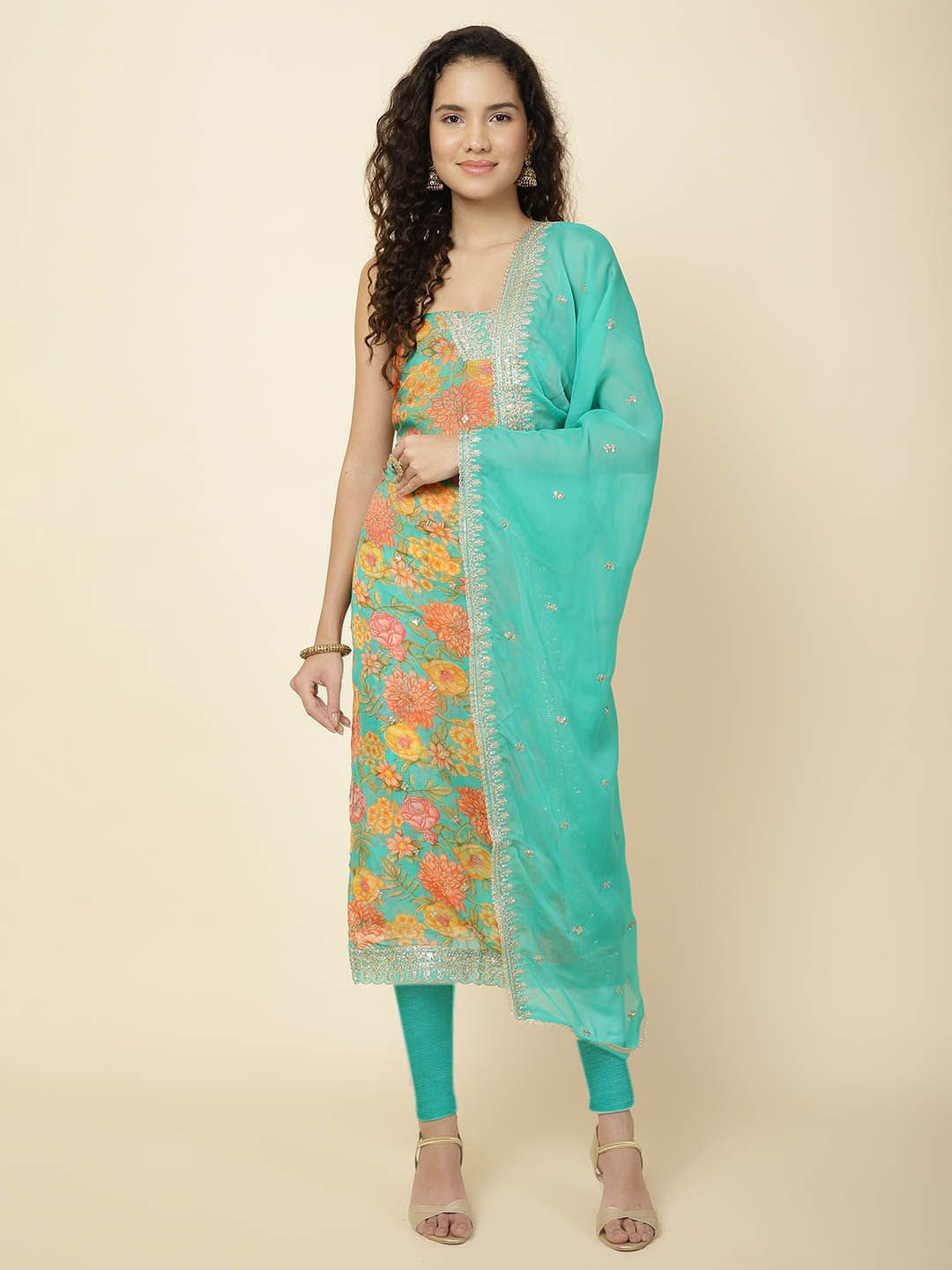 

Meena Bazaar Printed Organza Unstitched Dress Material, Sea green