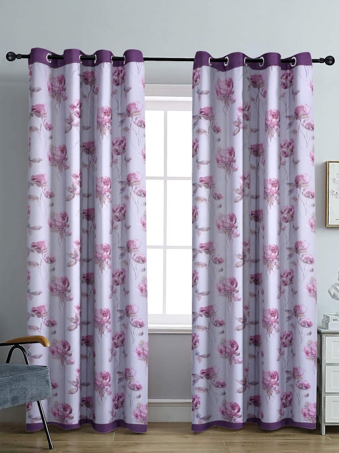 

Aura White & Pink Set of 2 Floral Black Out Door Curtain