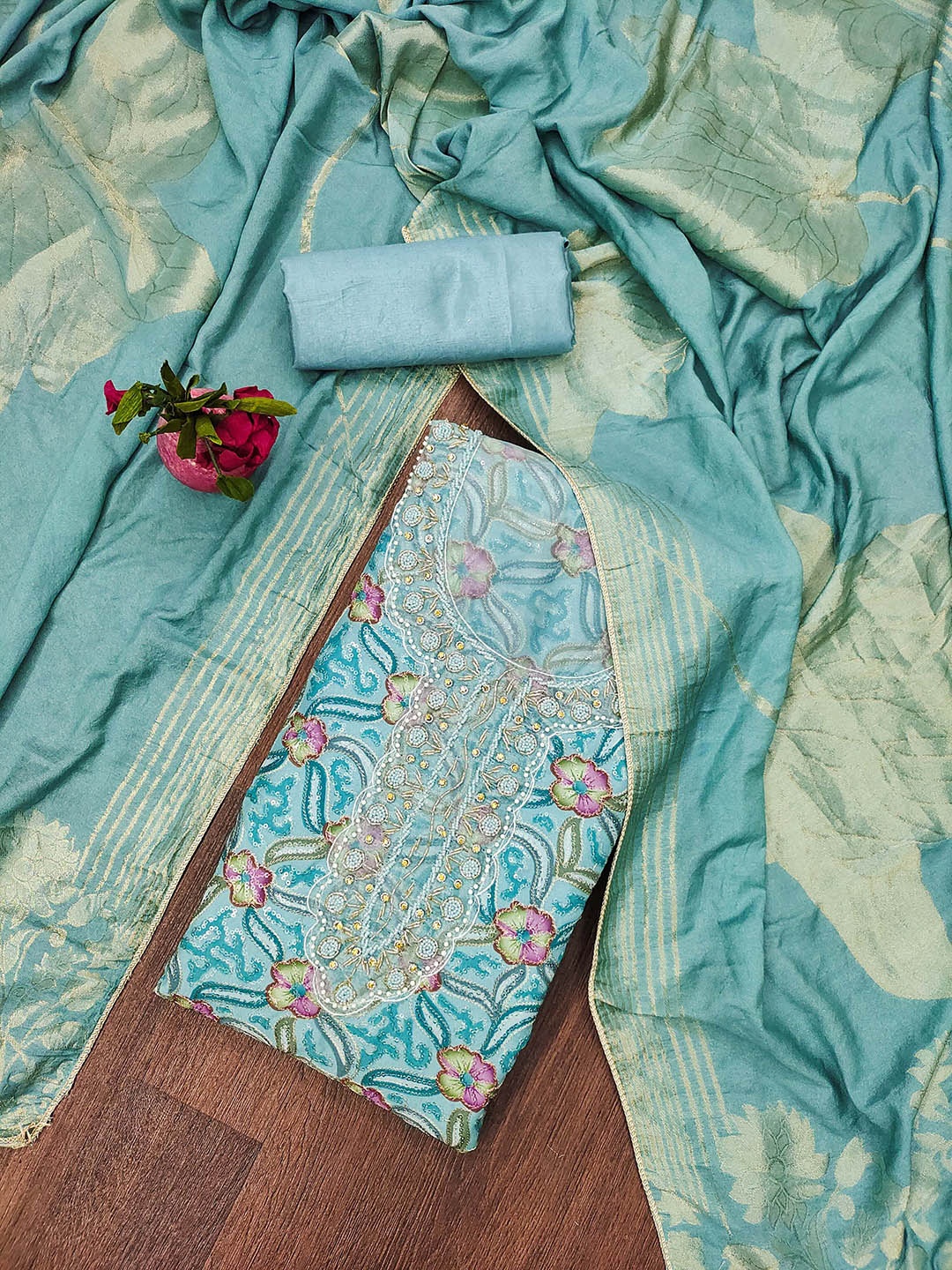 

MANVAA Embellished Organza Unstitched Dress Material, Teal