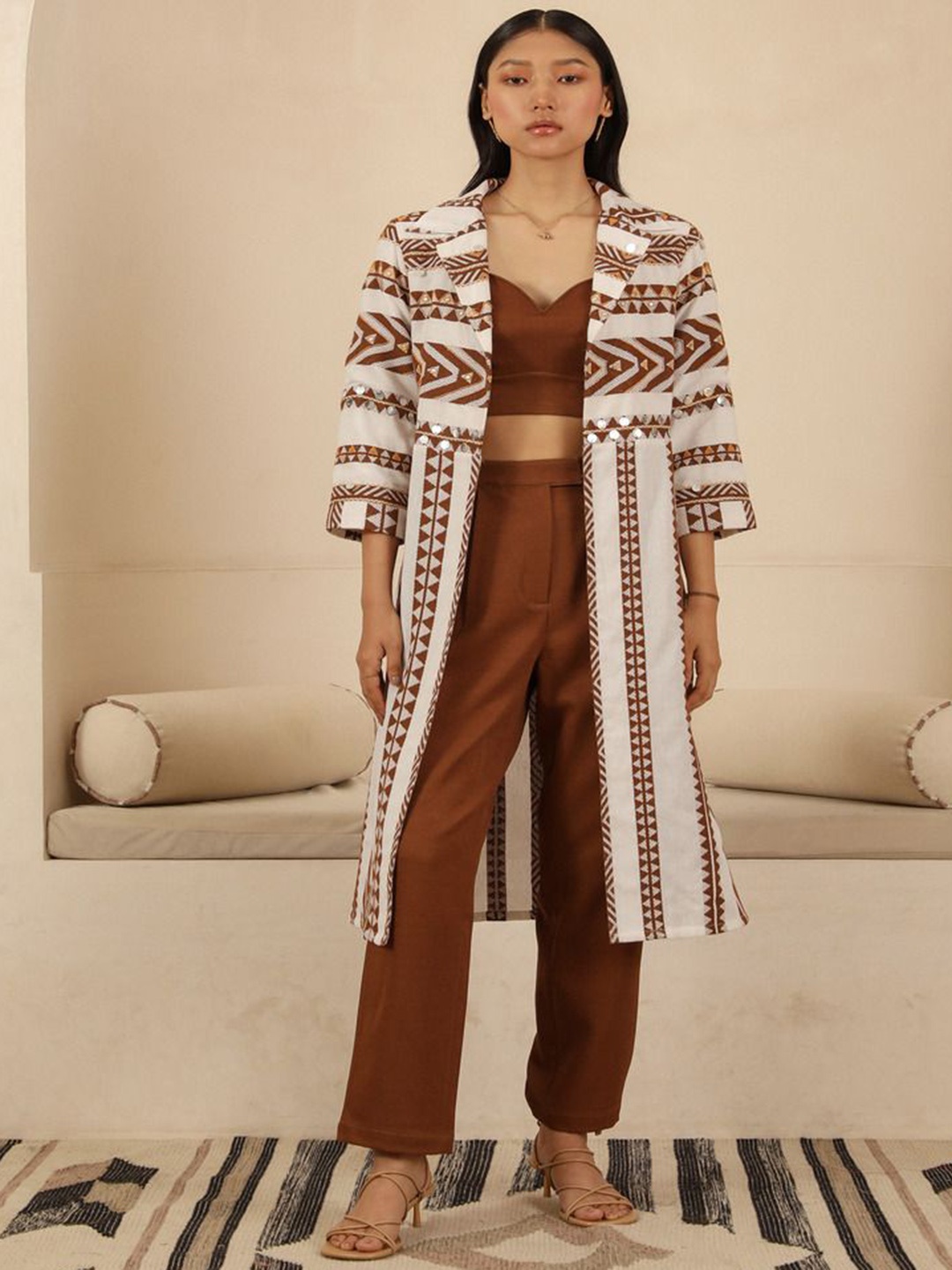 

Muvazo Printed Three Quarter Sleeve Shrug Top & Trouser Co-Ords, Brown