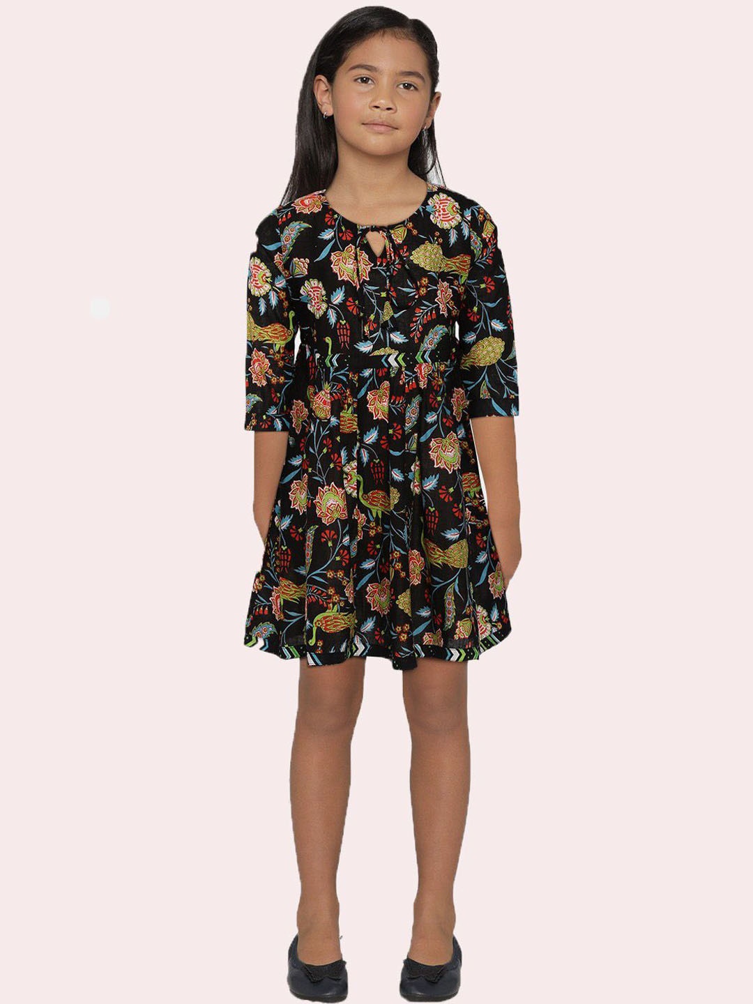 

HERE&NOW Girls Floral Printed Cotton Ethnic Dresses, Black