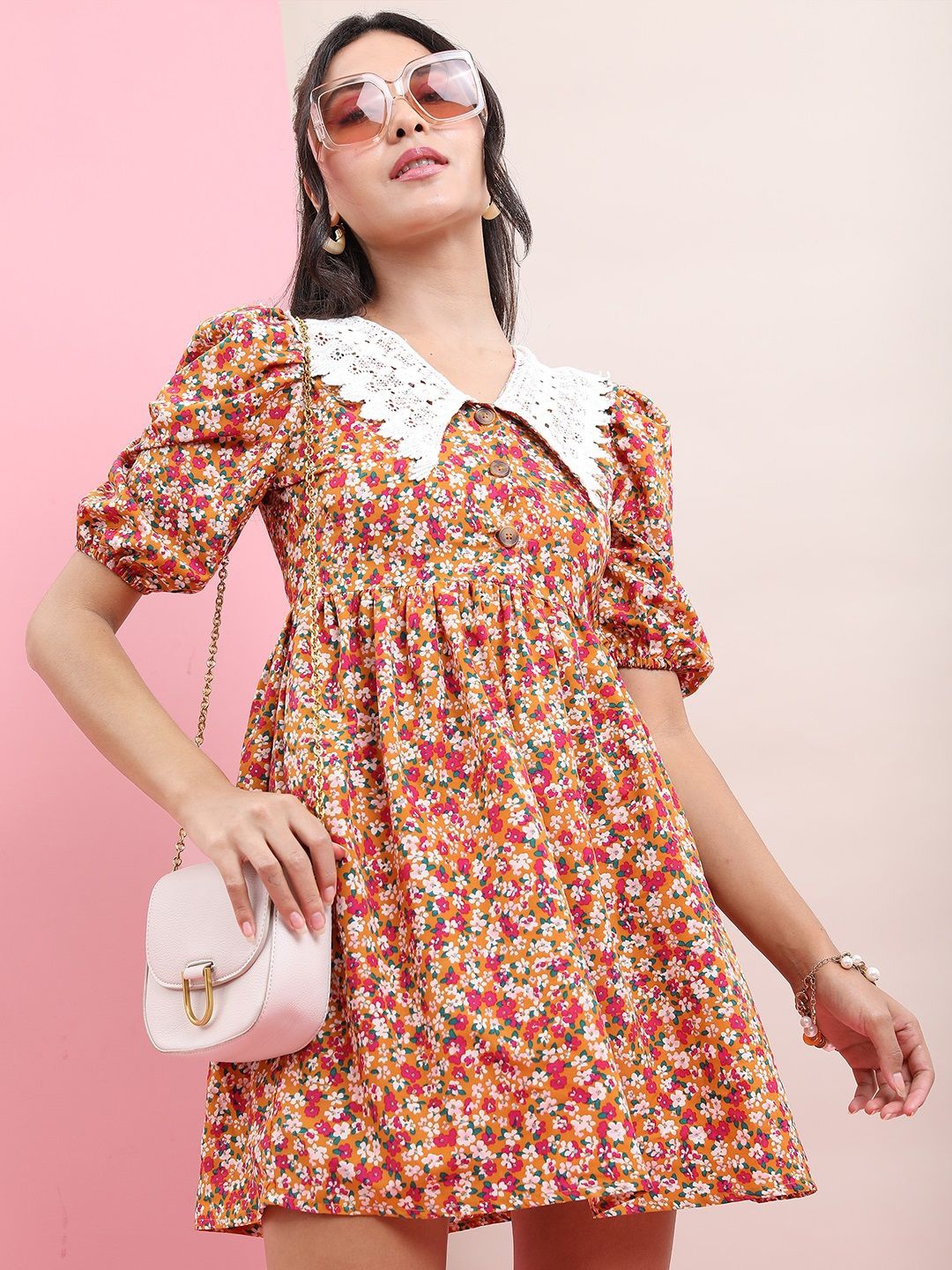 

Tokyo Talkies Floral Print Puff Sleeve Fit & Flare Dress, Mustard