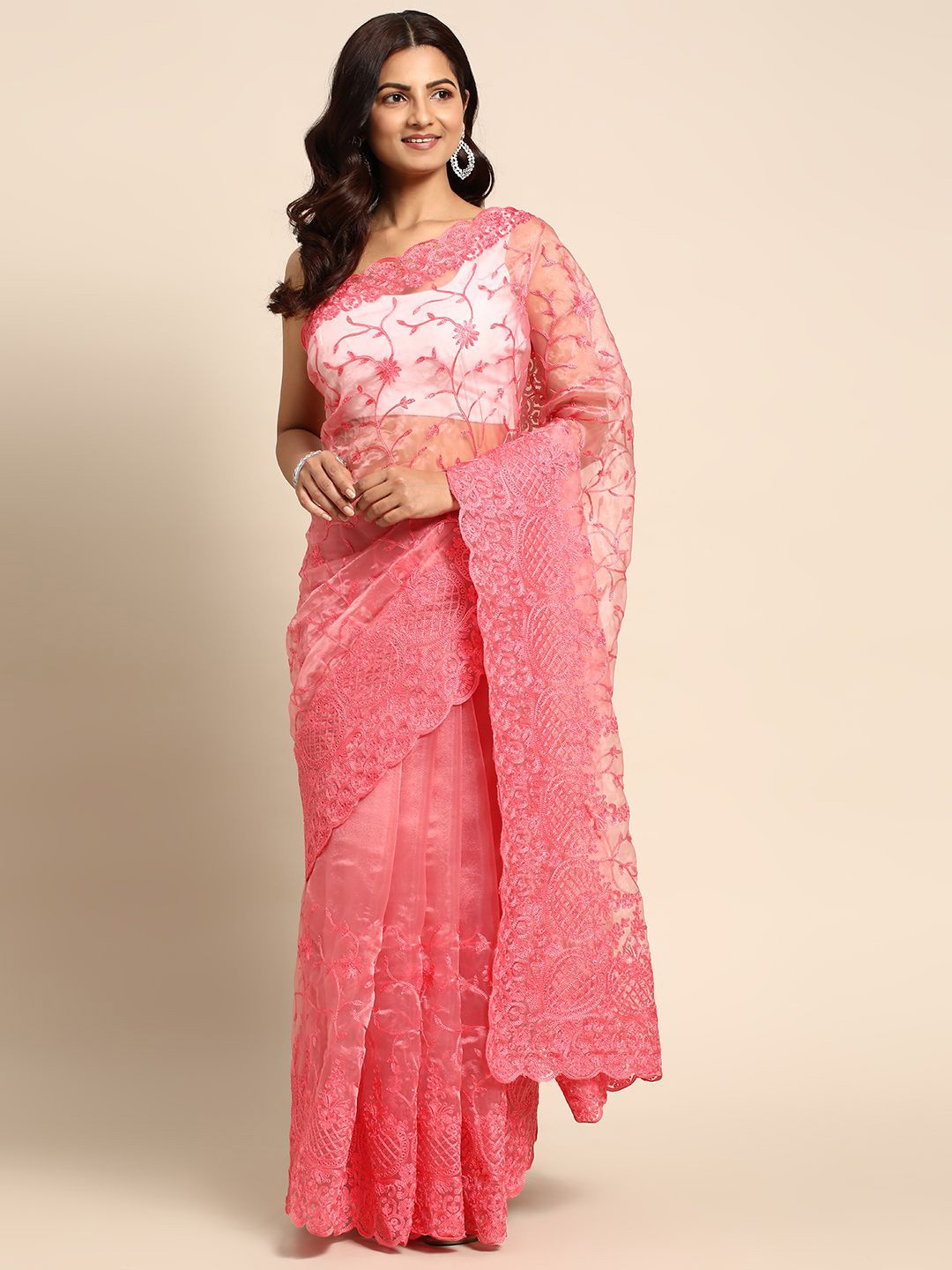 

KIMISHA Floral Embroidered Organza Saree, Red